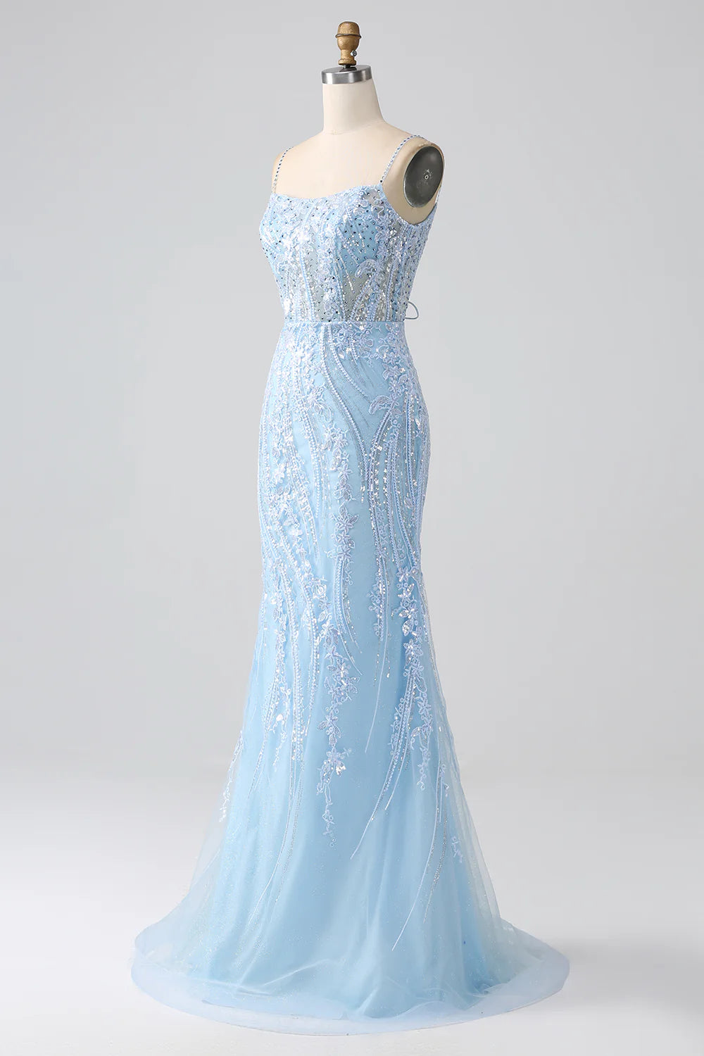 Beaira Sky Blue Sparkly Mermaid Corset Prom Dress with Sequins