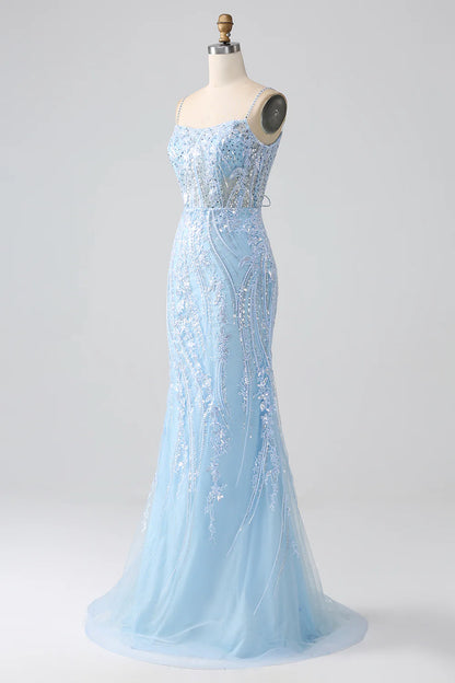 Beaira Sky Blue Sparkly Mermaid Corset Prom Dress with Sequins