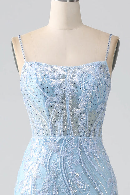 Beaira Sky Blue Sparkly Mermaid Corset Prom Dress with Sequins