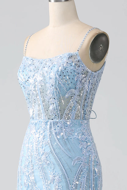 Beaira Sky Blue Sparkly Mermaid Corset Prom Dress with Sequins