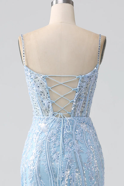 Beaira Sky Blue Sparkly Mermaid Corset Prom Dress with Sequins