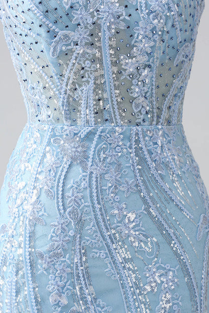 Beaira Sky Blue Sparkly Mermaid Corset Prom Dress with Sequins