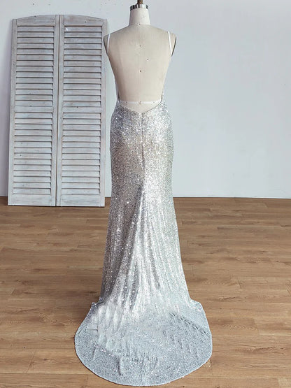 Backless V-neck Sequins Silver Spaghetti Straps Short Train Mermaid Prom Dresses