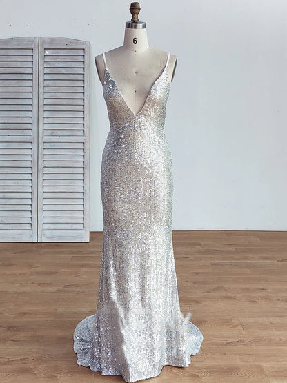 Backless V-neck Sequins Silver Spaghetti Straps Short Train Mermaid Prom Dresses