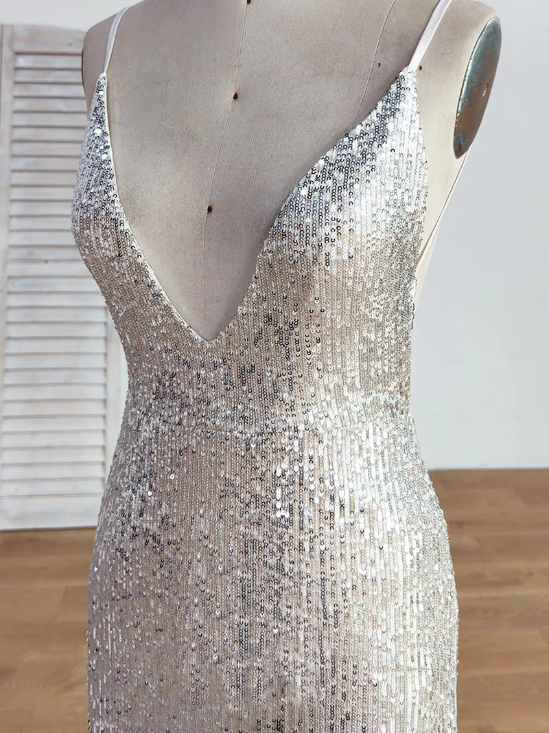 Backless V-neck Sequins Silver Spaghetti Straps Short Train Mermaid Prom Dresses