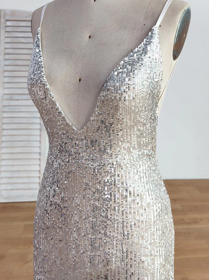 Backless V-neck Sequins Silver Spaghetti Straps Short Train Mermaid Prom Dresses