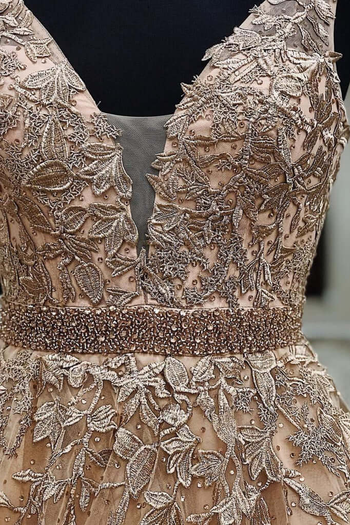 Ball Gown Gold Lace Long Prom Dresses with Appliques V Neck Tulle Evening Dresses