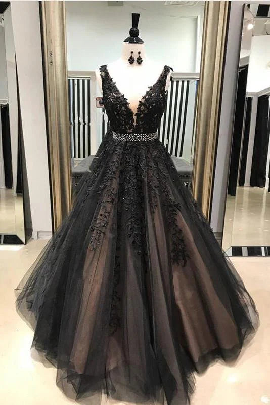 Ball Gown Gold Lace Long Prom Dresses with Appliques V Neck Tulle Evening Dresses
