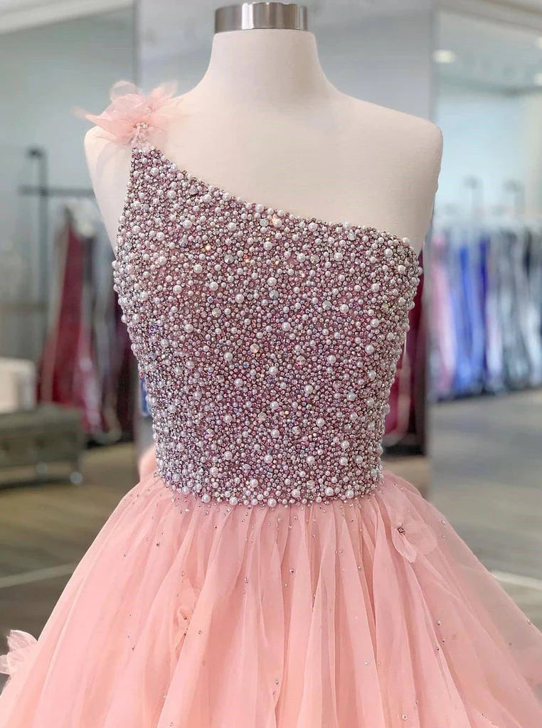 Ball Gown Long Prom Dresses One Shoulder Zipper up Beads Quinceanera Dress