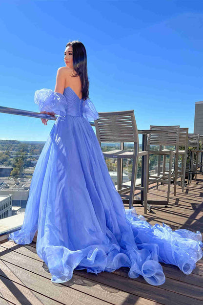 Ball Gown Princess Sweetheart Lavender Puff Sleeves Pleated Tulle Long Prom Dress With Slit