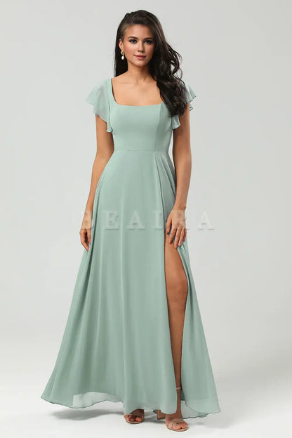 Beaira A Line Square Neck Floor-Length Chiffon Bridesmaid Dress with Slit  Bridesmaid dress shop