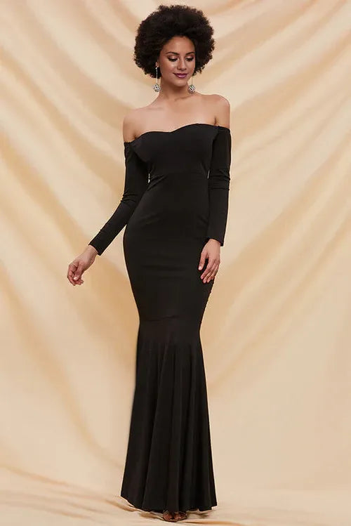 Beaira Black Long Sleeve Off Shoulder Evening Prom Dresses formal wear dresses - Black