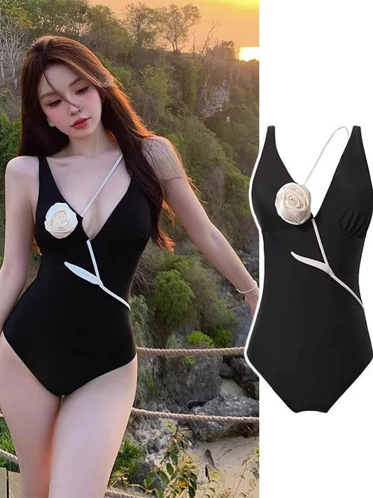 Beaira Black one-piece swimsuit for women with French V-neck slimming and covering the belly beautiful back three-dimensional flowers sexy and pure desire seaside swimsuit
