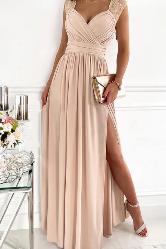 Beaira Casual Solid Slit V Neck Evening Dress Dresses formal wear dresses - Khaki