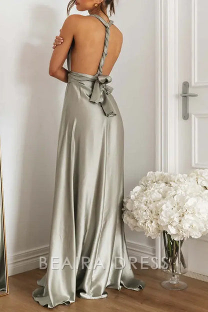 Beaira Celebrities Elegant Solid Backless Strap Design V Neck Evening Dress Dresses formal wear dresses - Grey