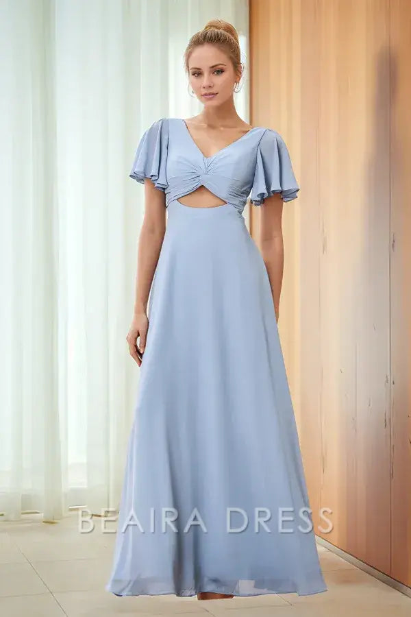Beaira Chic A-Line V Neck Short Sleeves Pleated Ruffles Prom Dress V Back Bow Knot Floor Length Chiffon evening gown