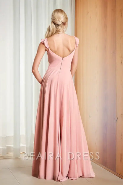 Beaira Chic & Modern A-Line Sweetheart Neck Spaghetti Straps leeveless Pleated Ruched Prom Dress Back Zipper Floor Length Chiffon evening gown