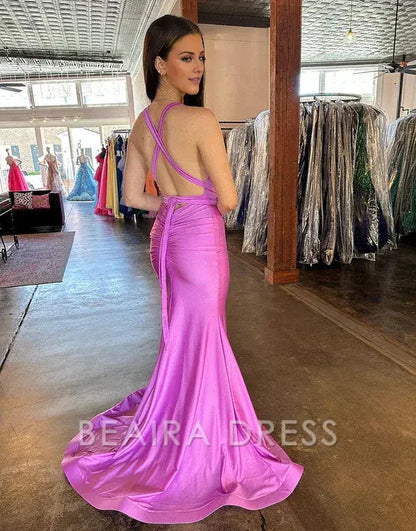 Beaira Deep V-Neck Cross Back Long Satin Prom Dress With Split - Purple