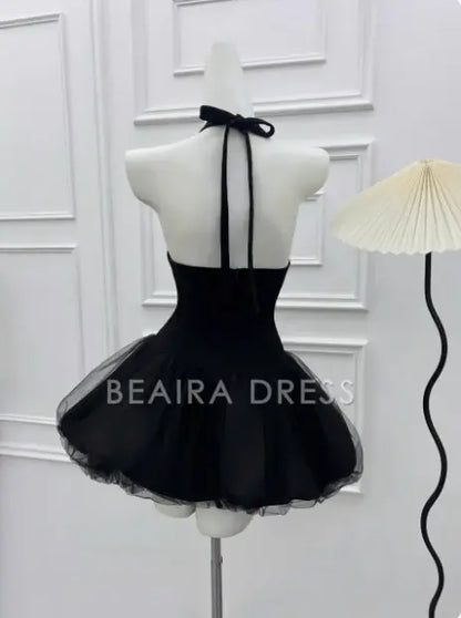 Beaira Elegant Beautiful Halterneck Black Mesh Splicing Puffy Birthday Dress Homecoming Dress hot sale for women