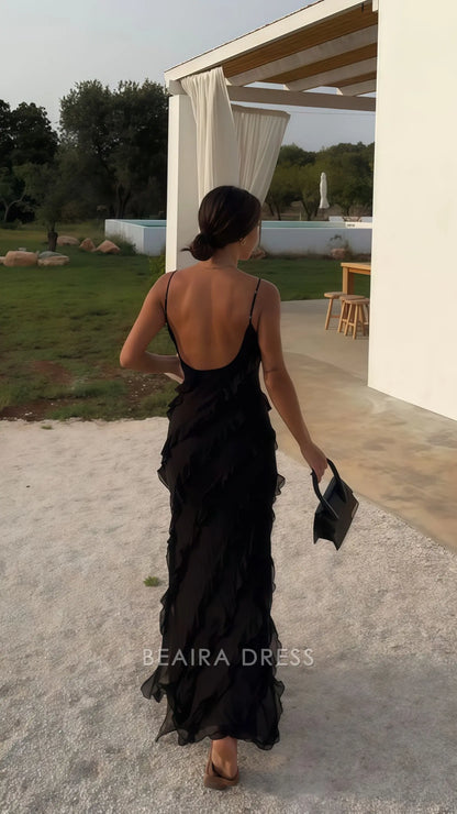 Beaira Elegant Black Chiffon Ruffle Evening Prom Dresses With Open Back formal wear dresses