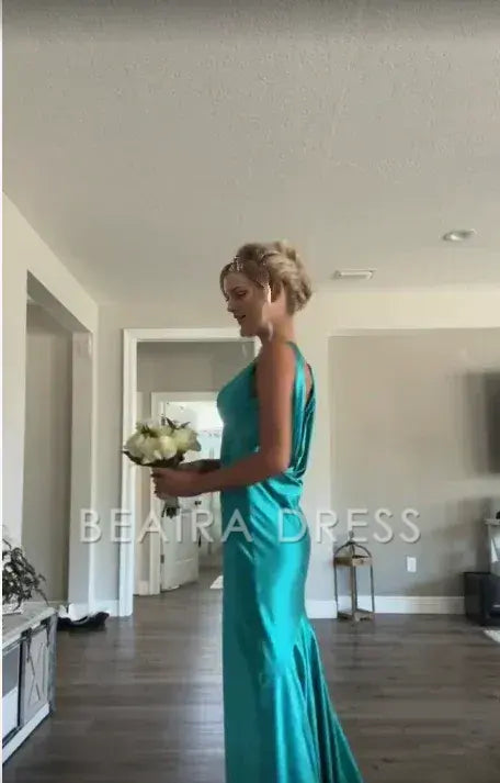 Beaira Elegant Classy A line V Neckline Blue Satin Sleeveless Long Prom Dresses formal wear dresses