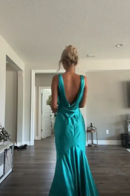 Beaira Elegant Classy A line V Neckline Blue Satin Sleeveless Long Prom Dresses formal wear dresses
