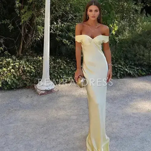 Beaira Elegant Classy Mermaid Off The Shoulder Yellow Satin Long Evening Dress Prom Dresses formal wear dresses