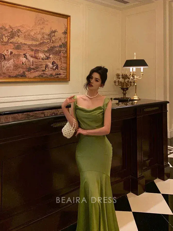 Beaira Elegant Classy Mermaid Straps Green Satin Prom Dresses Birthday Outfits formal wear dresses
