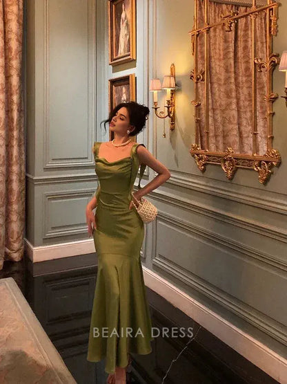 Beaira Elegant Classy Mermaid Straps Green Satin Prom Dresses Birthday Outfits formal wear dresses