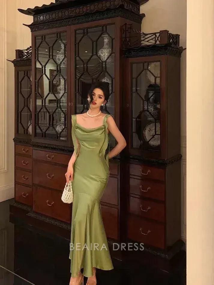 Beaira Elegant Classy Mermaid Straps Green Satin Prom Dresses Birthday Outfits formal wear dresses
