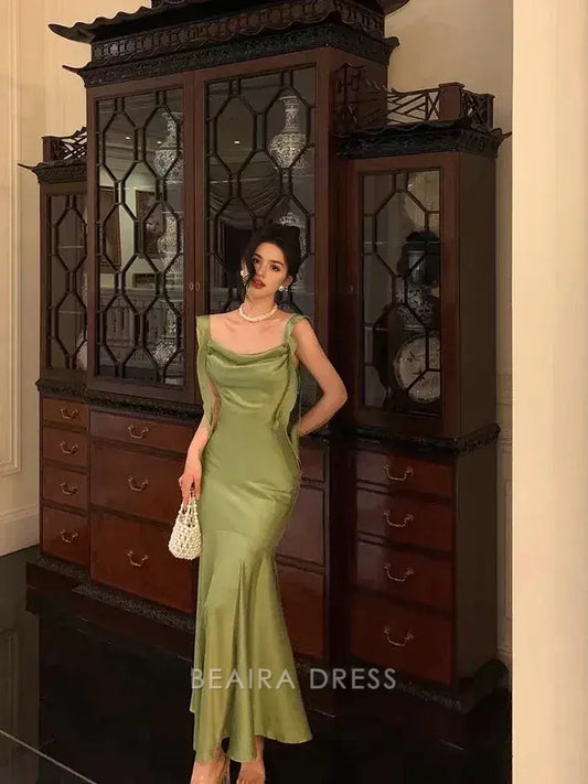 Beaira Elegant Classy Mermaid Straps Green Satin Prom Dresses Birthday Outfits formal wear dresses