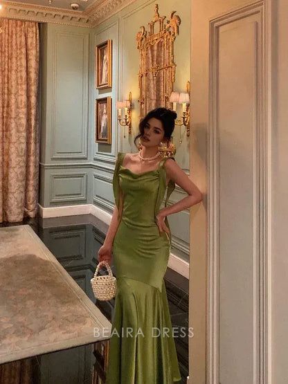 Beaira Elegant Classy Mermaid Straps Green Satin Prom Dresses Birthday Outfits formal wear dresses