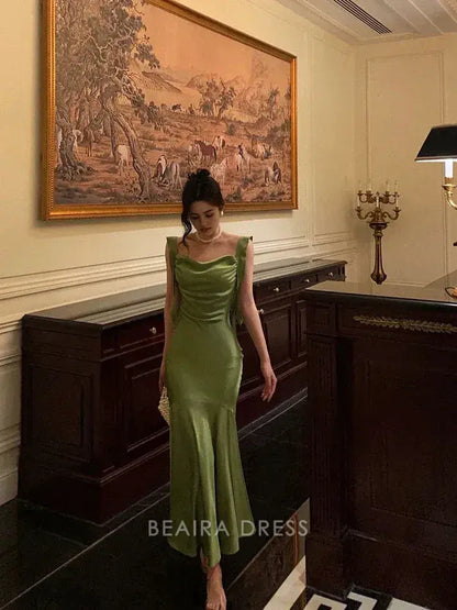 Beaira Elegant Classy Mermaid Straps Green Satin Prom Dresses Birthday Outfits formal wear dresses