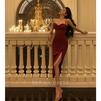Beaira Elegant Classy Sheath Spaghetti Straps Burgundy Prom Dresses Birthday Outfits Evening Gown formal wear dresses