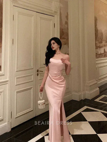Beaira Elegant Classy Sheath Spaghetti Straps Pink Satin Prom Dresses Birthday Outfits Evening Gown formal wear dresses