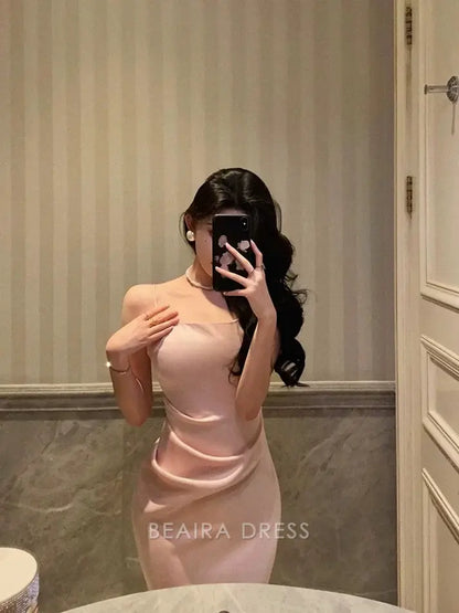 Beaira Elegant Classy Sheath Spaghetti Straps Pink Satin Prom Dresses Birthday Outfits Evening Gown formal wear dresses