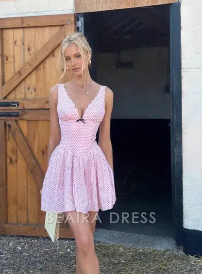 Beaira Elegant Cute Pink Deep V Polka Dot A-line Birthday Dress Homecoming Dress formal wear dresses