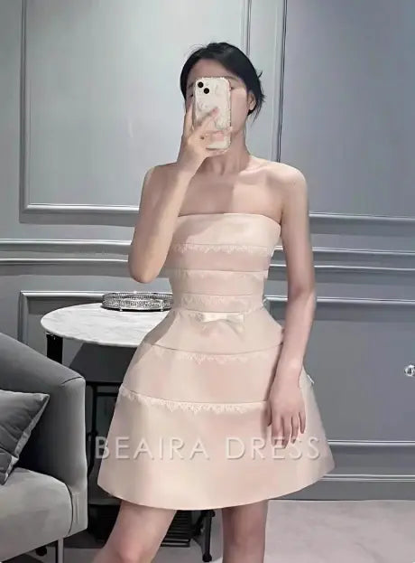 Beaira Elegant Cute Pink Suspender Satin Lace 17th Birthday Homecoming Dress formal wear dresses