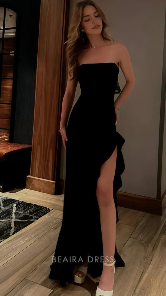 Beaira Elegant Elegant Black Strapless Prom Dress Long Evening Dress With Side Slit formal wear dresses