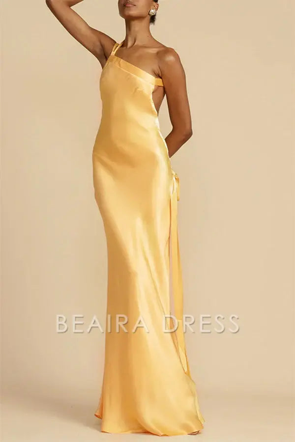 Beaira Elegant Formal Solid Backless Oblique Collar Evening Dress Dresses formal wear dresses - Yellow