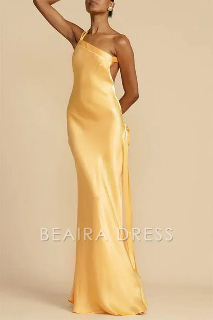 Beaira Elegant Formal Solid Backless Oblique Collar Evening Dress Dresses formal wear dresses - Yellow