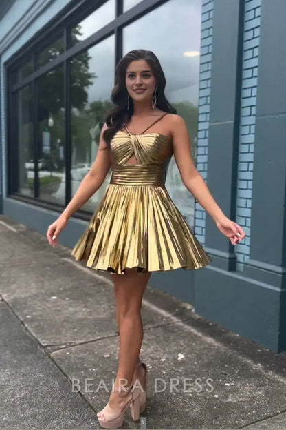 Beaira Elegant Gold A-Line Ruched Homecoming Dress Mini Party Dresses formal wear dresses