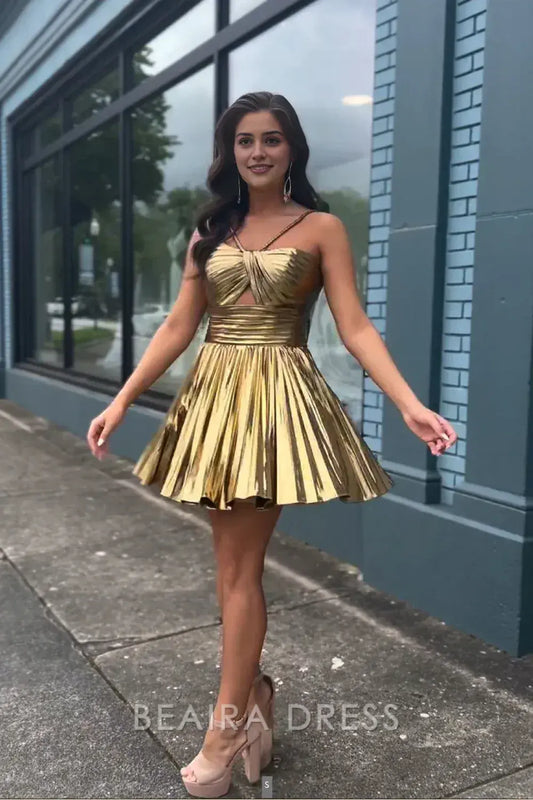Beaira Elegant Gold A-Line Ruched Homecoming Dress Mini Party Dresses formal wear dresses