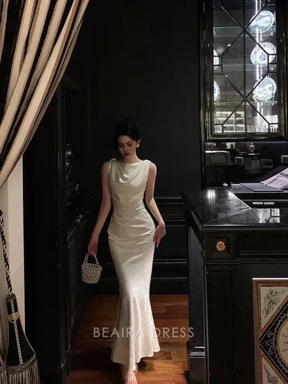 Beaira Elegant Gorgeous Mermaid Jewel Neckline White Satin Floral Date Night Dress Long Prom Dresses Birthday Outfits formal wear dresses