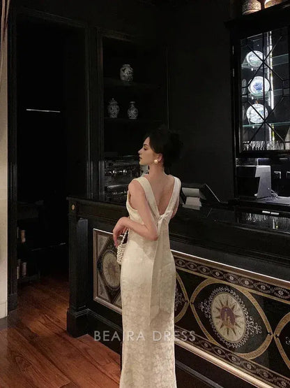 Beaira Elegant Gorgeous Mermaid Jewel Neckline White Satin Floral Date Night Dress Long Prom Dresses Birthday Outfits formal wear dresses