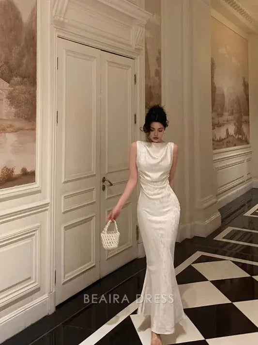 Beaira Elegant Gorgeous Mermaid Jewel Neckline White Satin Floral Date Night Dress Long Prom Dresses Birthday Outfits formal wear dresses