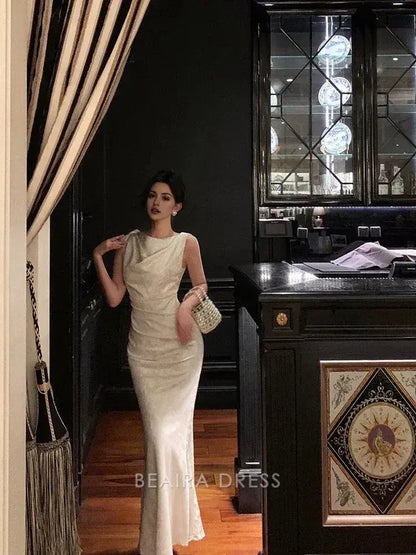 Beaira Elegant Gorgeous Mermaid Jewel Neckline White Satin Floral Date Night Dress Long Prom Dresses Birthday Outfits formal wear dresses