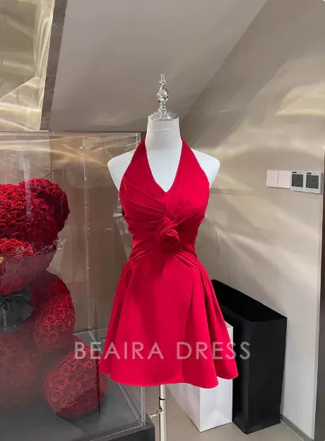 Beaira Elegant Halter Neck Red Satin A-Line Birthday Short Skirt Homecoming Dress formal wear dresses