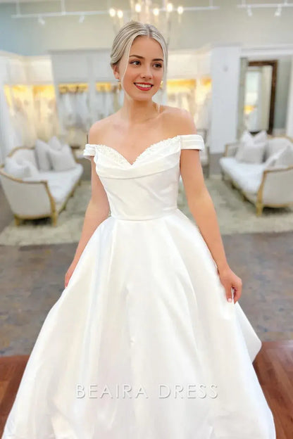 Beaira Elegant Off - the - Shoulder Ball Gown Wedding Dress with Embroidered Sweetheart Neckline and Full Satin Skirt for Timeless Bridal Grace
