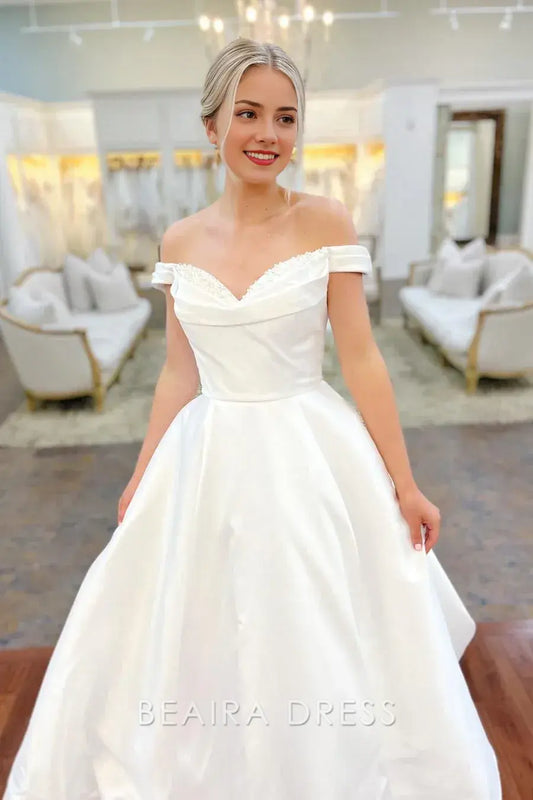Beaira Elegant Off - the - Shoulder Ball Gown Wedding Dress with Embroidered Sweetheart Neckline and Full Satin Skirt for Timeless Bridal Grace